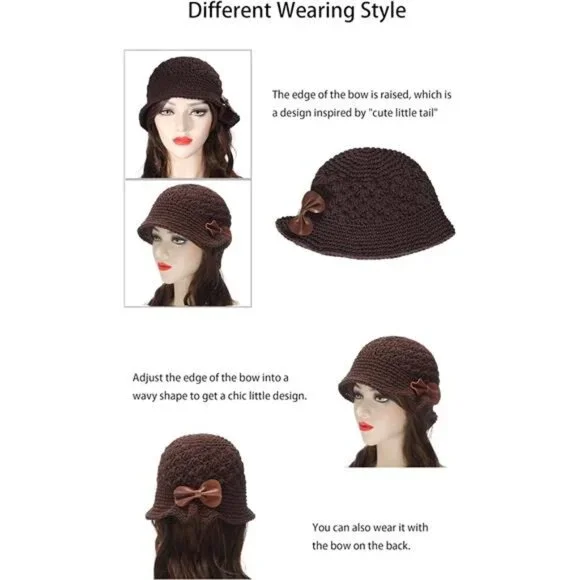 Women Winter Crochet Bucket Hat Bow Brown